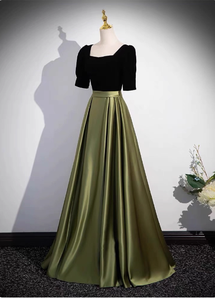 Elegant Color Block Black & Green Square Neck Short Sleeve Velvet Satin Long Prom Dress Evening Dress Main image