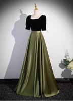 Elegant Color Block Black & Green Square Neck Short Sleeve Velvet Satin Long Prom Dress Evening Dress
