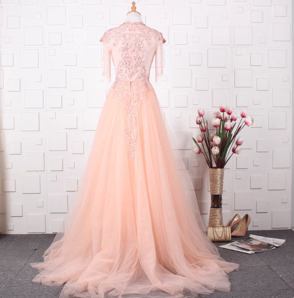 Elegant Court Grey Fringed Beaded Embroidered Tulle Train Prom Dress Evening Dress