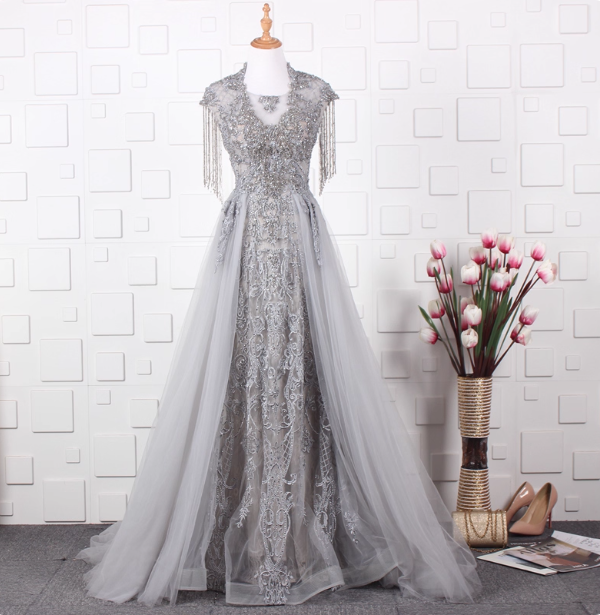 Elegant Court Grey Fringed Beaded Embroidered Tulle Train Prom Dress Evening Dress