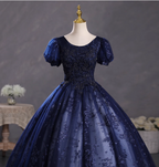 Elegant Court Navy Blue Crew Neck Puff Sleeve Embroidered Tulle Ball Gown Evening Dress Sweet 16 Dress
