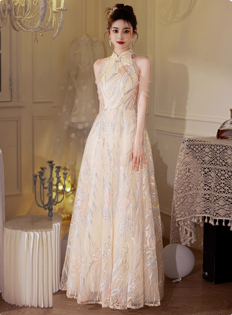 Elegant Cream Apricot A-Line Halter Neck Sequin Embroidered Pearl Fringe Tulle Long Prom Dress Evening Dress Secondary image