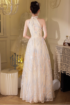 Elegant Cream Apricot A-Line Halter Neck Sequin Embroidered Pearl Fringe Tulle Long Prom Dress Evening Dress