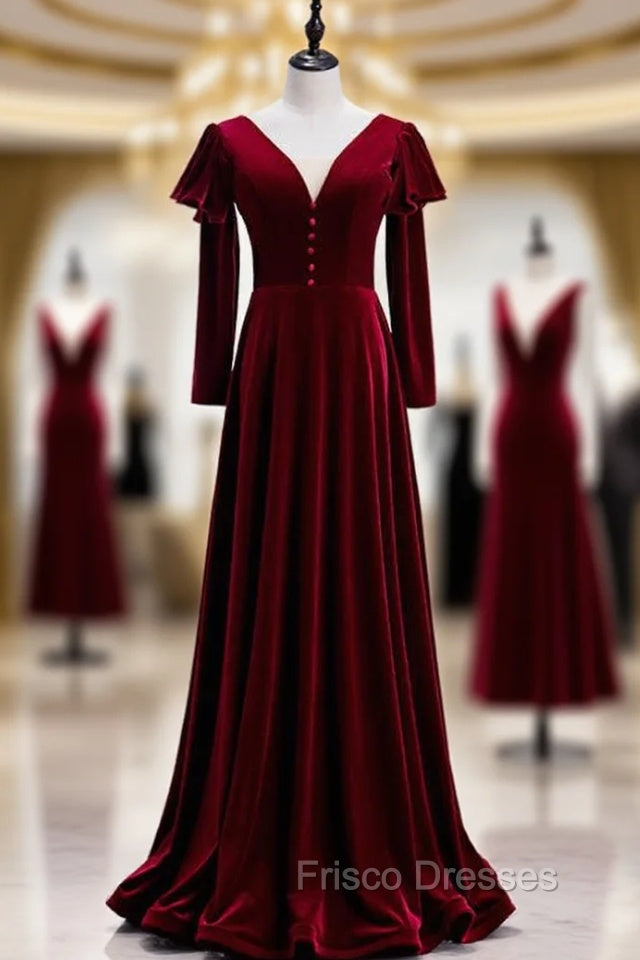 Elegant Dark Burgundy Velvet Long Sleeve Formal Prom Dress Main image
