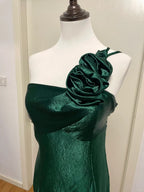 Elegant Dark Green 3D Floral One-Shoulder Satin Long Prom Dress Evening Dress