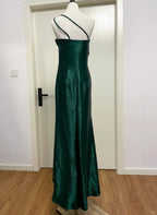 Elegant Dark Green 3D Floral One-Shoulder Satin Long Prom Dress Evening Dress