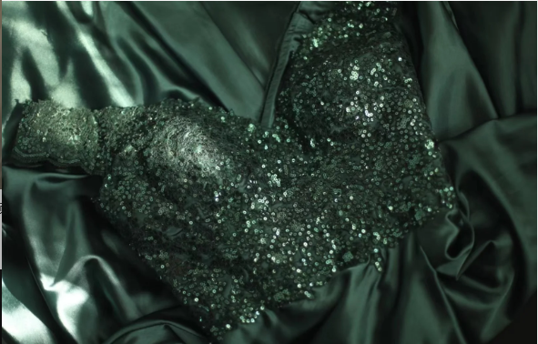 Elegant Dark Green A-Line Off-Shoulder Sequined Satin Long Prom Dress Evening Dress