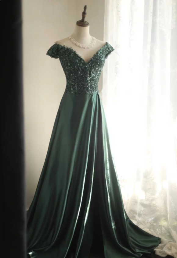 Elegant Dark Green A-Line Off-Shoulder Sequined Satin Long Prom Dress Evening Dress Main image