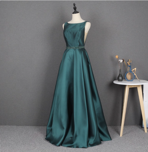 Elegant Dark Green A-Line Sleeveless Rhinestone Satin Long Prom Dress Evening Dress