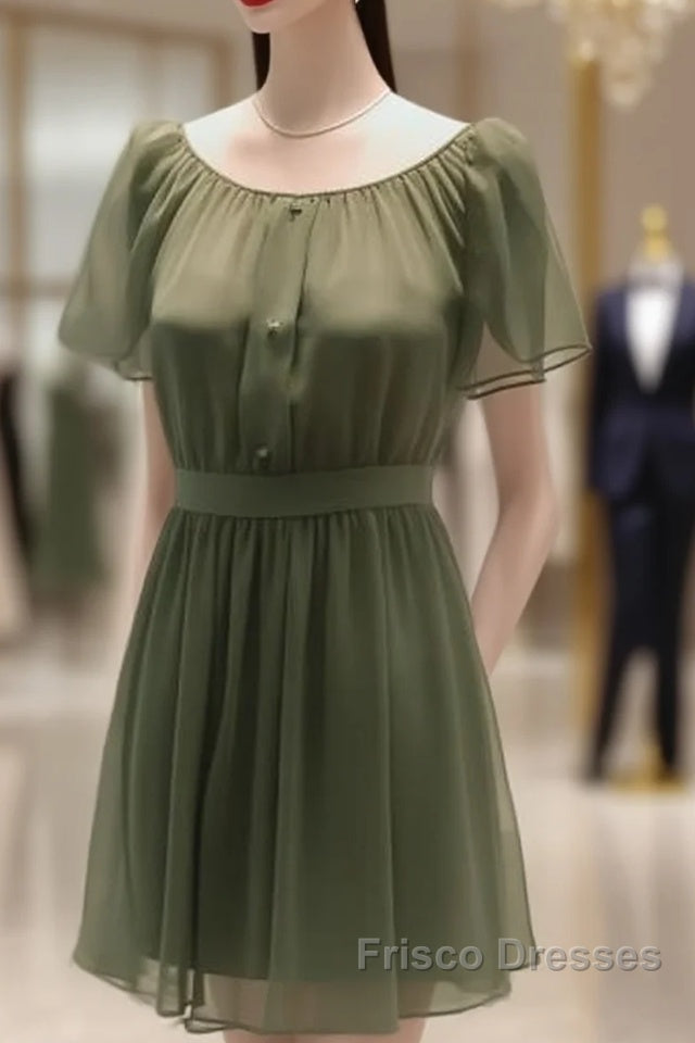 Elegant Dark Green Jewel Short Bridesmaid Dress With Flowy Chiffon Sleeves Main image