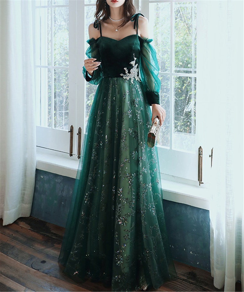 Elegant Dark Green Lace Gown Prom Dress, Secondary image