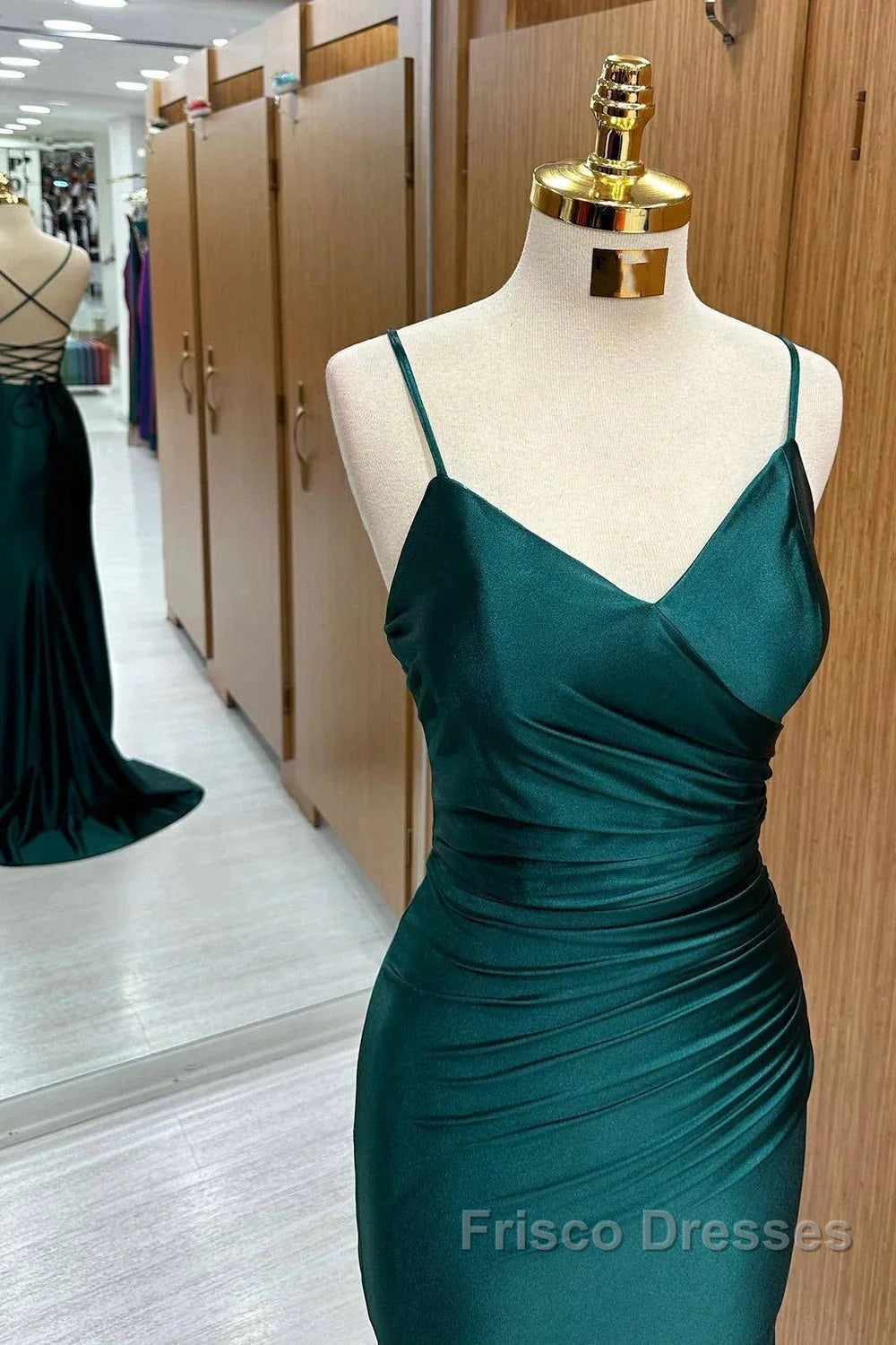 Elegant Dark Green Mermaid Spaghetti Strap Satin Long Formal Prom Dress