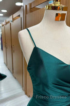 Elegant Dark Green Mermaid Spaghetti Strap Satin Long Formal Prom Dress