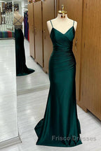 Elegant Dark Green Mermaid Spaghetti Strap Satin Long Formal Prom Dress