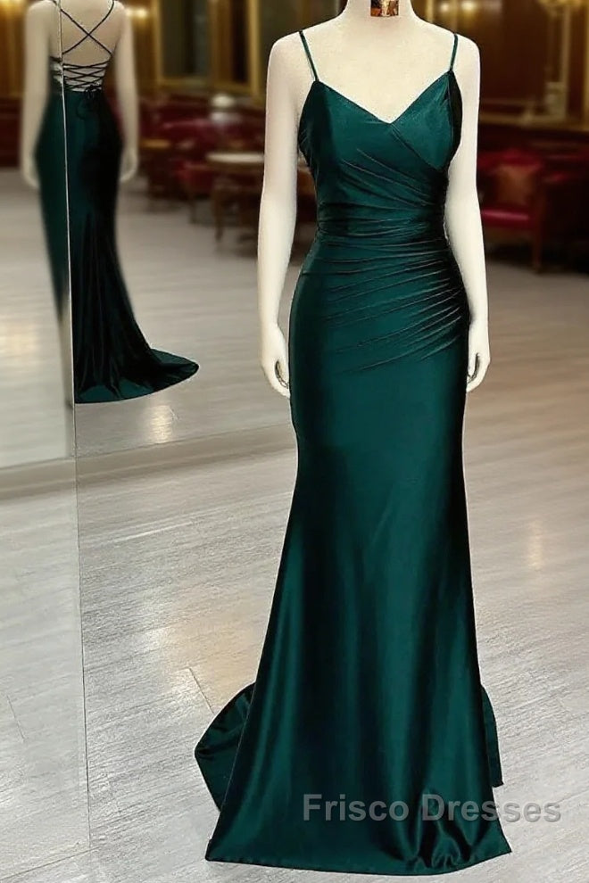 Elegant Dark Green Mermaid Spaghetti Strap Satin Long Formal Prom Dress Main image