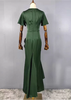 Elegant Dark Green Ruffled V-Neck Asymmetrical Hem Satin Prom Dress Evening Dress