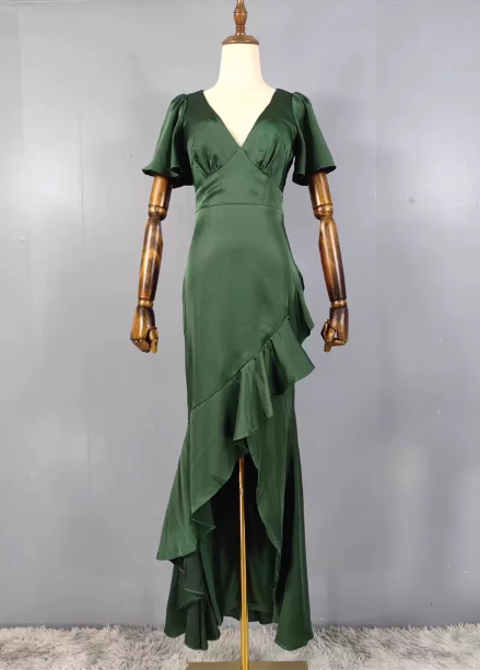 Elegant Dark Green Ruffled V-Neck Asymmetrical Hem Satin Prom Dress Evening Dress Main image