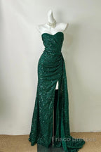 Elegant Dark Green Sweetheart Neck Mermaid Long Formal Prom Dress Sequin Strapless Formal Evening Dress