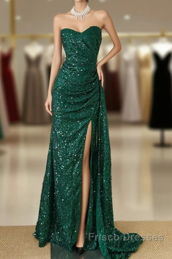 Elegant Dark Green Sweetheart Neck Mermaid Long Formal Prom Dress Sequin Strapless Formal Evening Dress Main image