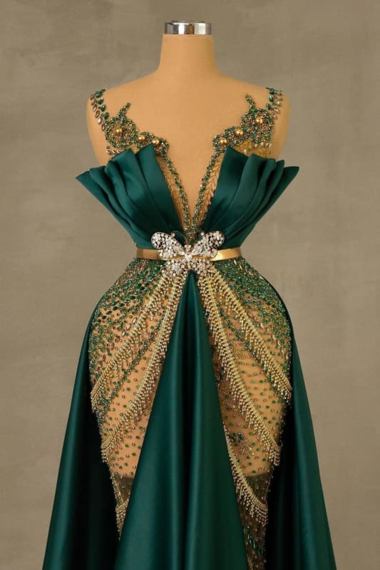 Elegant Dark Green V-Neck Luxury Beaded Mermaid Court Train Prom Dresses