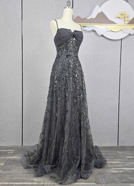 Elegant Dark Grey A-Line Spaghetti Strap Sequin Tulle Long Prom Dress Evening Dress Secondary image