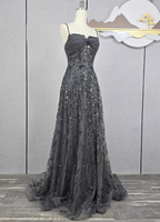Elegant Dark Grey A-Line Spaghetti Strap Sequin Tulle Long Prom Dress Evening Dress