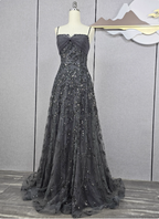 Elegant Dark Grey A-Line Spaghetti Strap Sequin Tulle Long Prom Dress Evening Dress