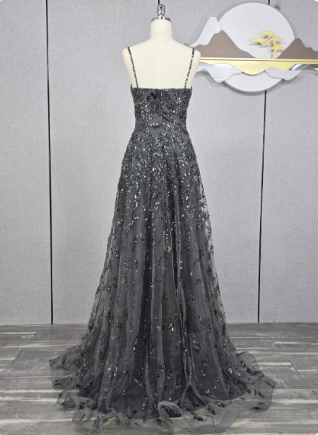 Elegant Dark Grey A-Line Spaghetti Strap Sequin Tulle Long Prom Dress Evening Dress