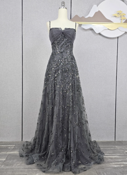 Elegant Dark Grey A-Line Spaghetti Strap Sequin Tulle Long Prom Dress Evening Dress Main image