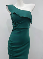 Elegant Deep Emerald Green Mermaid One-Shoulder Ruffled Slit Satin Long Prom Dress Evening Dress