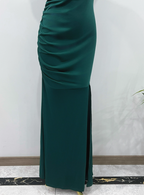 Elegant Deep Emerald Green Mermaid One-Shoulder Ruffled Slit Satin Long Prom Dress Evening Dress
