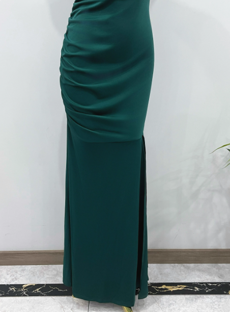 Elegant Deep Emerald Green Mermaid One-Shoulder Ruffled Slit Satin Long Prom Dress Evening Dress