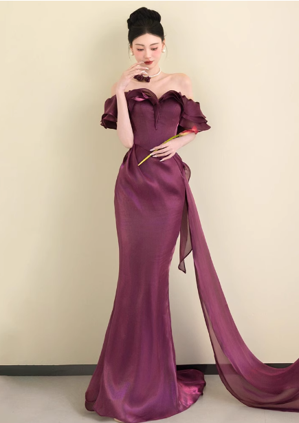 Elegant Deep Fuchsia Mermaid Off-The-Shoulder Ruffled Satin Long Prom Dress Evening Dress