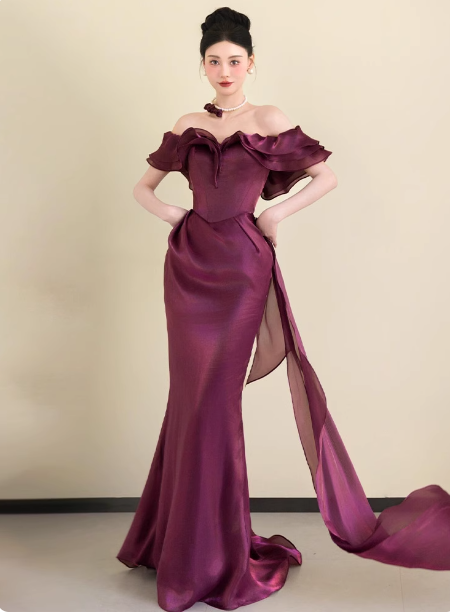 Elegant Deep Fuchsia Mermaid Off-The-Shoulder Ruffled Satin Long Prom Dress Evening Dress Main image