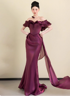 Elegant Deep Fuchsia Mermaid Off-The-Shoulder Ruffled Satin Long Prom Dress Evening Dress