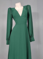 Elegant Deep Green A-Line V-Neck Long-Sleeved Backless Chiffon Long Prom Dress Evening Dress