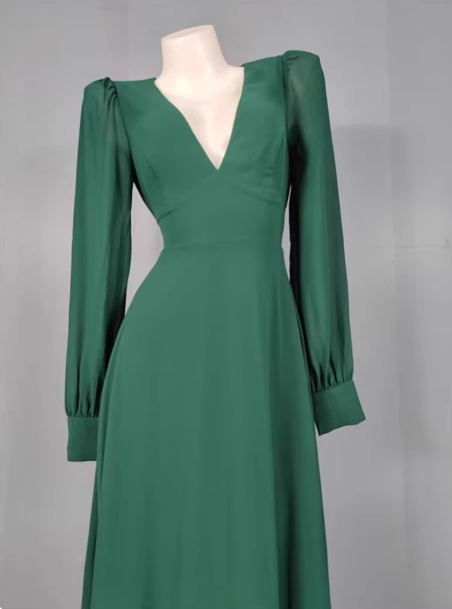 Elegant Deep Green A-Line V-Neck Long-Sleeved Backless Chiffon Long Prom Dress Evening Dress