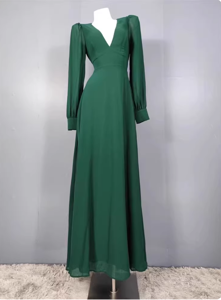 Elegant Deep Green A-Line V-Neck Long-Sleeved Backless Chiffon Long Prom Dress Evening Dress Main image
