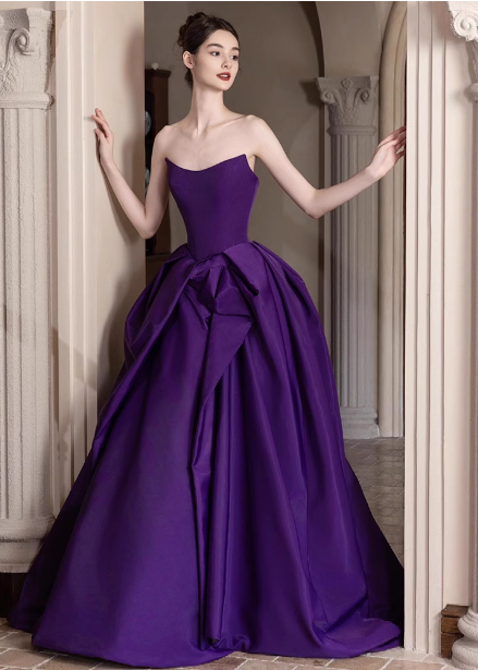 Elegant Deep Purple A-Line Strapless Satin Long Prom Dress Evening Dress