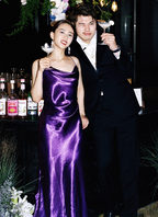 Elegant Deep Purple Spaghetti Strap Cross Backless Satin Long Prom Dress Evening Dress