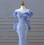Elegant Dreamy Blue Mermaid Off-The-Shoulder Bow Sequined Tulle Train Prom Dress Evening Dress