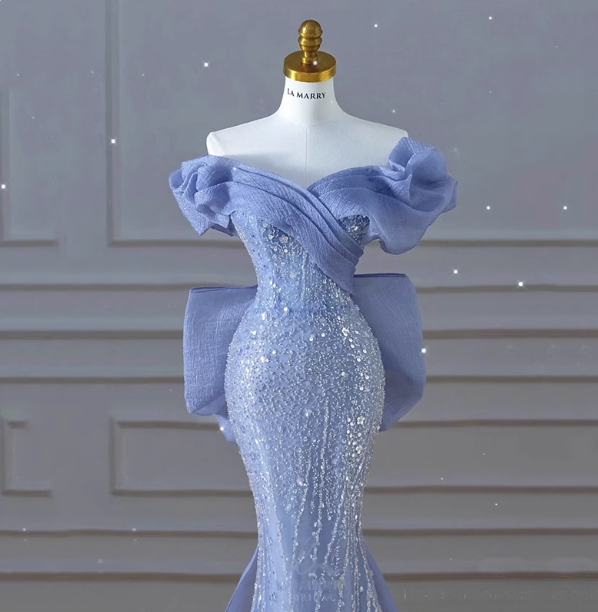 Elegant Dreamy Blue Mermaid Off-The-Shoulder Bow Sequined Tulle Train Prom Dress Evening Dress
