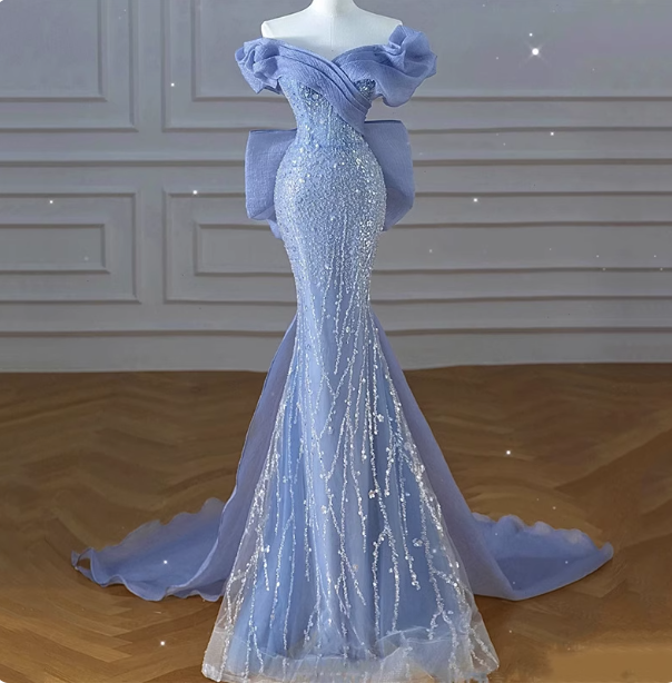Elegant Dreamy Blue Mermaid Off-The-Shoulder Bow Sequined Tulle Train Prom Dress Evening Dress