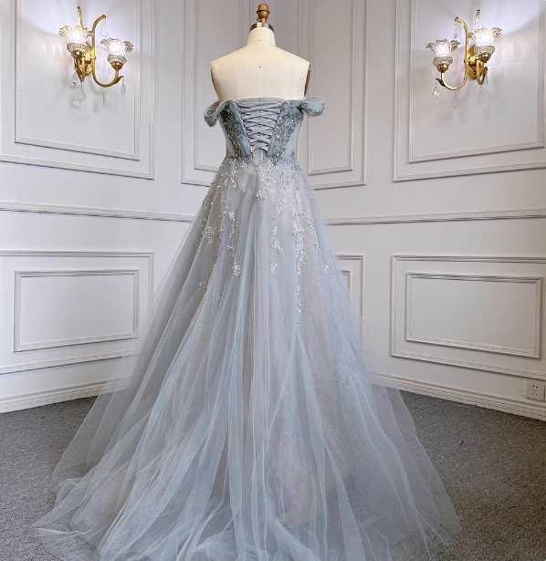 Elegant Dusty Blue A-Line Off-The-Shoulder Beaded Tulle Long Prom Dress Evening Dress Secondary image