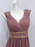 Elegant Dusty Pink A-Line Spaghetti Strap V-Neck Chiffon Long Prom Dress Evening Dress
