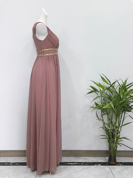 Elegant Dusty Pink A-Line Spaghetti Strap V-Neck Chiffon Long Prom Dress Evening Dress