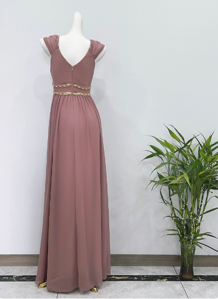 Elegant Dusty Pink A-Line Spaghetti Strap V-Neck Chiffon Long Prom Dress Evening Dress