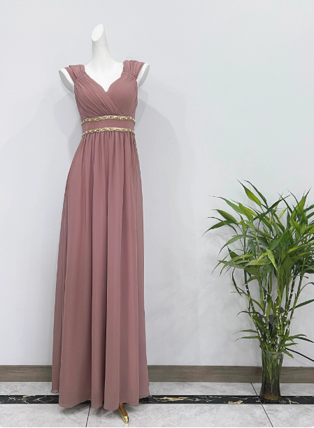 Elegant Dusty Pink A-Line Spaghetti Strap V-Neck Chiffon Long Prom Dress Evening Dress Main image