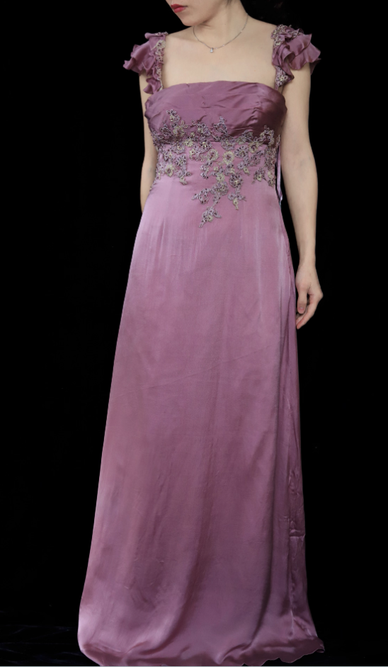 Elegant Dusty Rose Square Neck Spaghetti Strap Embroidered Ruffle Satin Long Prom Dress Evening Dress Secondary image