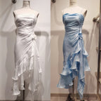 Vintage Spaghetti Straps Chiffon Satin Ruffled Prom Dresses Fairytale Party Dresses